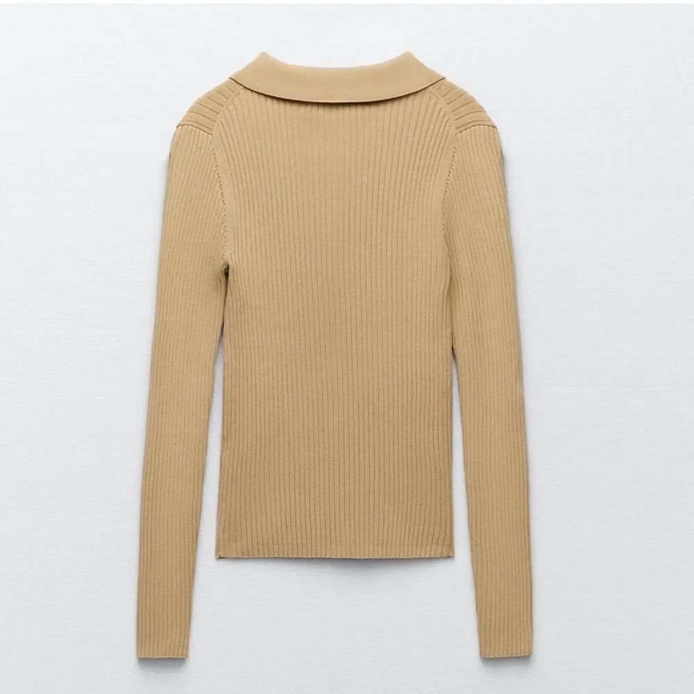 ZARA Ribbed Knit Polo Camel Size Small - Picture 7 of 12